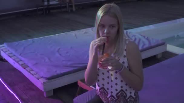 Beautiful Girl Drinks Cocktail While Sitting Bar Summer Terrace — Stock Video