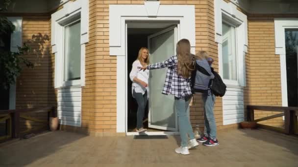 Little Cute Boy Girl Backpacks Leaving House Going School Smiling — 图库视频影像