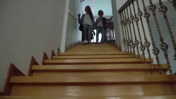 Two Happy Schoolkids Stairs Backpacks Siblings Just Back Home School — Stock Video