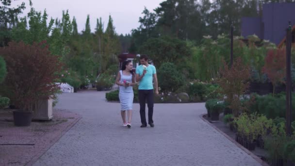 Pareja Caminando Verde Jardín Verano Floral Flores Oliendo Vídeo — Vídeo de stock