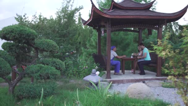 Video Pareja Madera Japonesa Jardín Gazebo Personas Sentadas Hablando Mesa — Vídeos de Stock