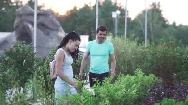 Vídeo Pareja Verde Jardín Verano Floral Chequeando Eligiendo Plantas — Vídeo de stock