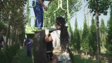 Mavi üniformalı bahçıvan yardımcısına yardım ediyor o da asansöre biniyor. İşçiler bahçede meyve toplarlar. Mevsimsel hasat işlemi devam ediyor. İnsanlar makineli asansörle hasat topluyor. Bahçede ağaçlar düzenli sıralarda yetişir..