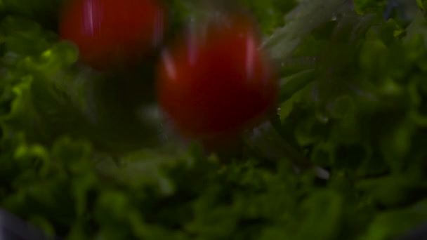 Helft Van Tomaten Valt Bladeren Van Salade Saladebladeren Met Waterdruppels — Stockvideo