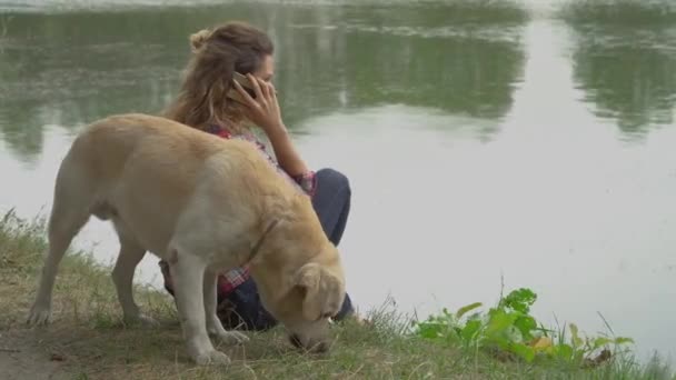 ラブラドール犬が湖の水の上を歩いている間に携帯電話で話している女性のビデオ — ストック動画