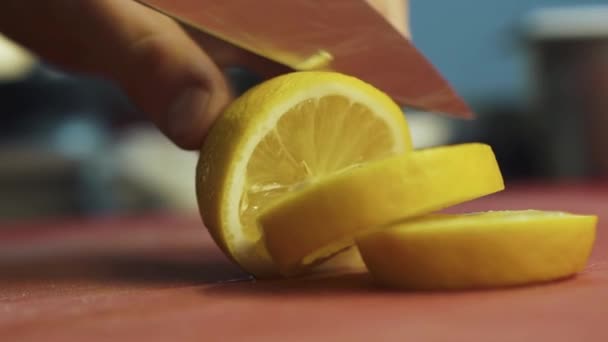 Male Hand Slicing Lemon Big Chef Knife Close Healthy Food — Stock Video