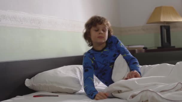 Portrait Cute Little Boy Waking Morning Messy Hair Wearing Pyjama — Stock Video