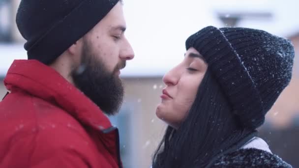 冬の裏庭に立ってキスしている女性と髭の男のビデオ — ストック動画
