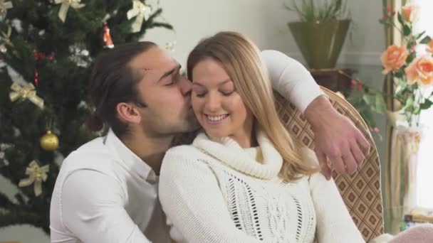 温柔的男女关系 恋爱中快乐的男女坐在自家圣诞树旁的画像 — 图库视频影像