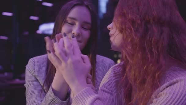 Portrait Two Beautiful Lesbian Couple Holding Hands Blue Light Girlfriends — Stock Video