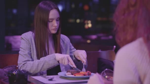 Two Cute Girlfriends Have Dinner Modern Restaurant Together — Stock Video