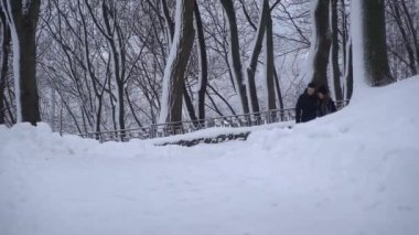 Kış parkında el ele tutuşmuş genç adam ve kadının videosu.