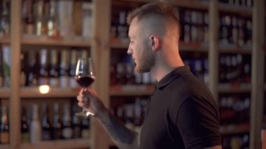 Profildeki yakışıklı erkek portresi bardakta şarap sallıyor ve kalitesini ölçüyor. Adam alkollü içkiye hayran. Müşteri içki dükkanında.