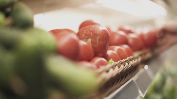 Die Weibliche Hand Hält Sich Einem Regal Mit Tomaten Und — Stockvideo