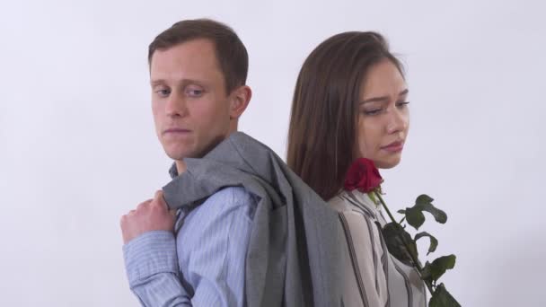 Portrait Ofman Woman Having Quarrel Close Couple Standing Back Each — 비디오