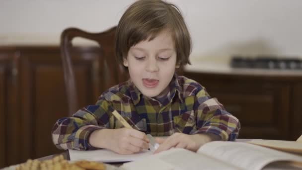 Lindo Niño Divertido Con Camisa Cuadros Haciendo Tarea Sentado Casa — Vídeos de Stock