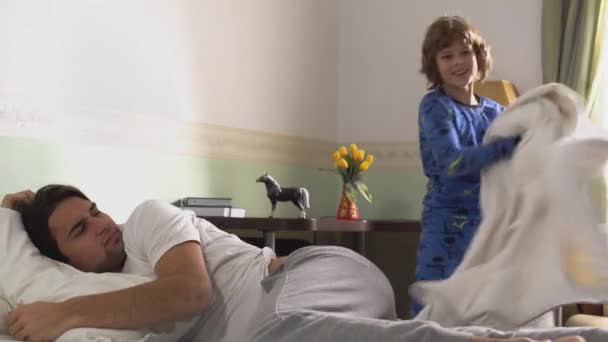 Two Brothers Pajamas Fighting Playing Fooling Bed Morning — Stock Video