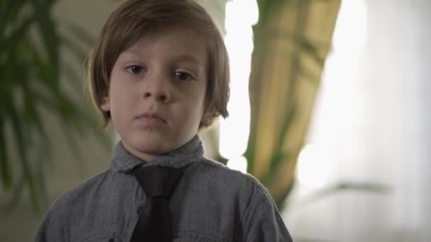 Retrato Lindo Niño Serio Con Corbata Negra Cuello Pie Delante — Vídeos de Stock