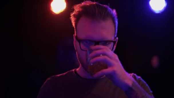 Portrait Handsome Bearded Guy Glasses Drinking Alcoholic Drink Glass Standing — Stock Video