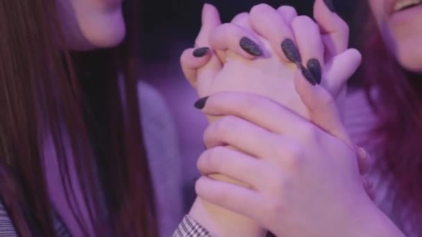 Portrait Two Beautiful Lesbian Couple Holding Hands Blue Light Girlfriends — Stock Video