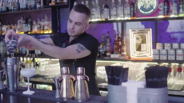 Barmanské Ruce Nalívají Úžasného Bílého Koktejlového Skla Tekutinu Noční Život — Stock video