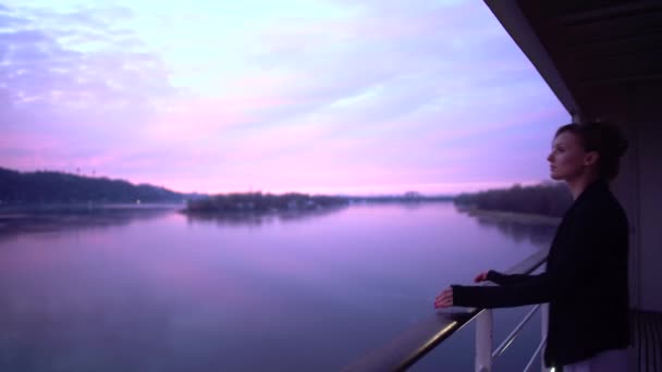 Couple Love Standing Balcony Hotel Enjoying View Winter River — Stock Video