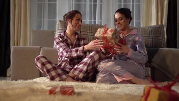 Beautiful Adult Sisters Twins Exchanging Christmas New Year Presents Each — Stock Video