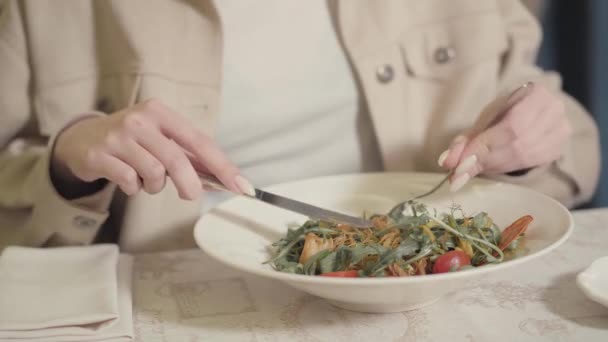 Young Woman Going Eat Beautifully Served Appetite Buckwheat Noodles Arugula — Stock Video