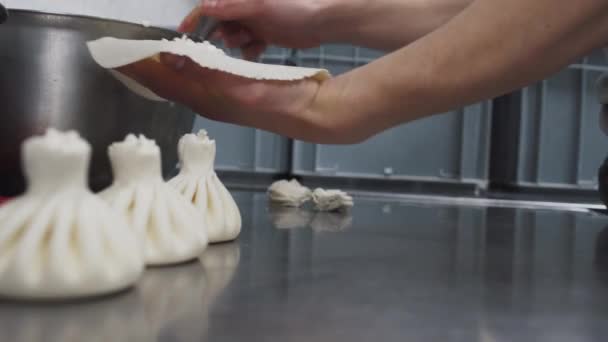 Mãos Cozinheiro Fazendo Khinkali Com Queijo Cottage Close Cozinha Georgiana — Vídeo de Stock