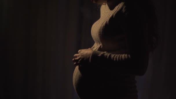 長い髪の妊婦の手は暗い部屋で彼女の腹を柔らかく愛撫 女性は赤ん坊を待っている 女性の生活の中で幸せな瞬間 ビデオ — ストック動画