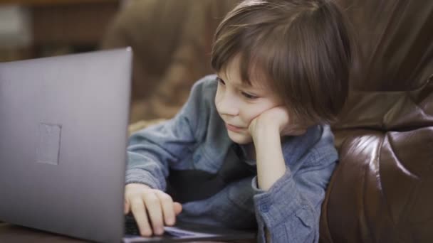 Niño Lindo Pequeño Que Trabaja Ordenador Portátil Sofá Cuero — Vídeo de stock