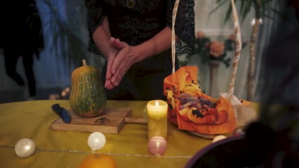 Halloween Video Girl Black Dress Thrusts Knife Pumpkin Man Black — Stock Video