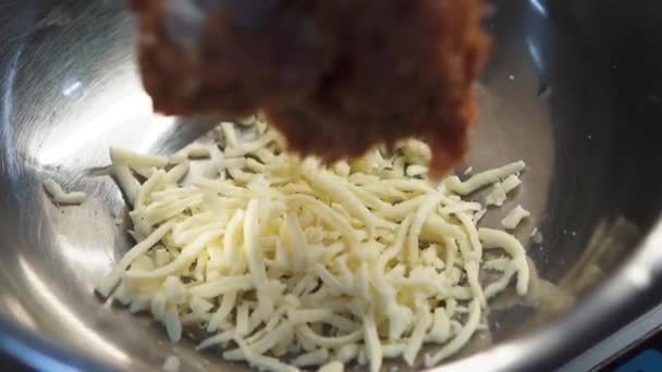 Minced Meat Adding Deep Bowl Grated Cheese Close Cooking Forcemeat — Stockvideo