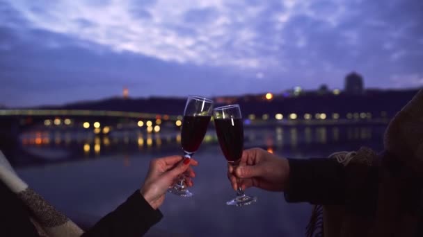 男性と女性の手はワイングラスを閉じて保持します 女と男が川の近くに立って酒を飲んで — ストック動画