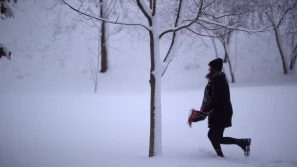 Mutlu Gülümseyen Kız Sevgilisinden Kaçıp Kış Parkında Saklanıyor — Stok video
