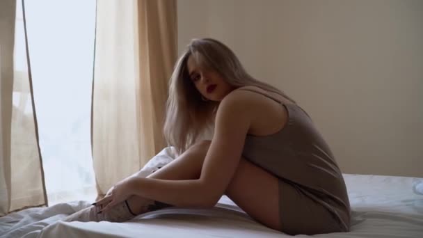 Young Woman Make Sitting Bed Room Big Window Girl Straightens — Stock Video