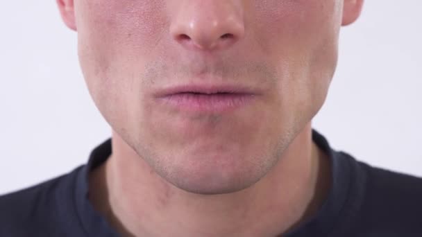 Lips Chin Man Who Show Anger Self Satisfied Grin White — Stock Video