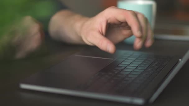 Zadbane Męskie Dłonie Długimi Grubymi Palcami Smsującymi Laptopie Zbliżenie Męskie — Wideo stockowe