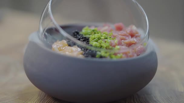 用金枪鱼 鲑鱼片 青菜和干冰包好好吃极了 分子厨房 — 图库视频影像
