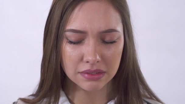 Portrait Young Beautiful Crying Woman Tears — Stock Video