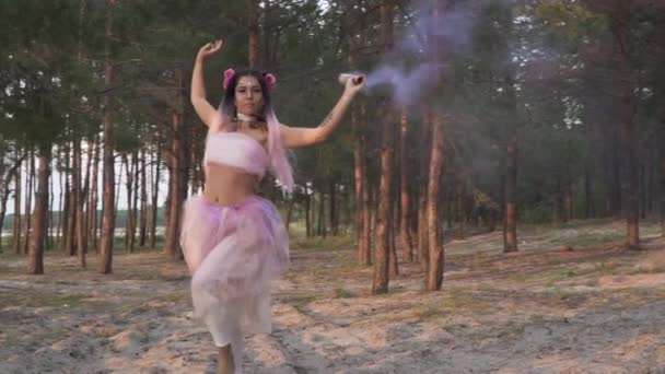 Beautiful Girl Bright Makeup Pink Dress Dancing Smoke Bombs Background — Stock Video