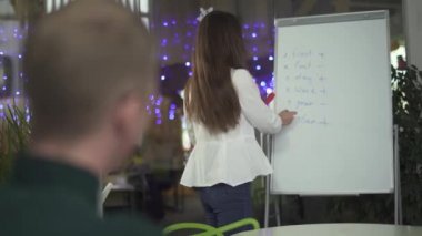 Genç bir kadının iş stratejisi üzerine yazı yazıp ofisindeki erkek arkadaşa fikirleri açıkladığı bir video.