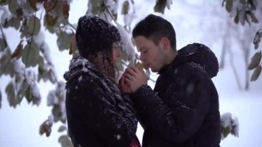 Kış parkında kar altında güzel bir genç kadın ve adamın videosu.