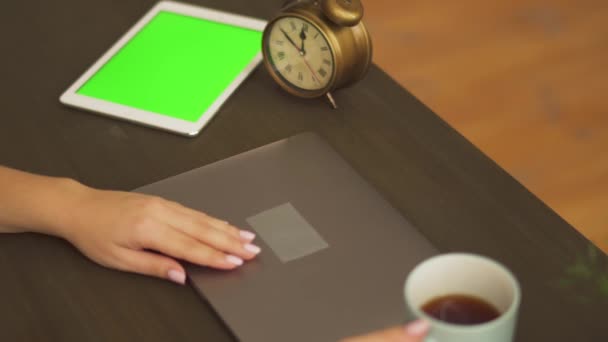 Close Shot Van Een Vrouwelijke Handen Werken Een Laptop Met — Stockvideo