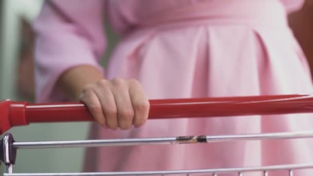 Bir Kadın Eli Bir Süpermarkette Arabasının Içine Ürünleri Yerleştirirken Yakın — Stok video