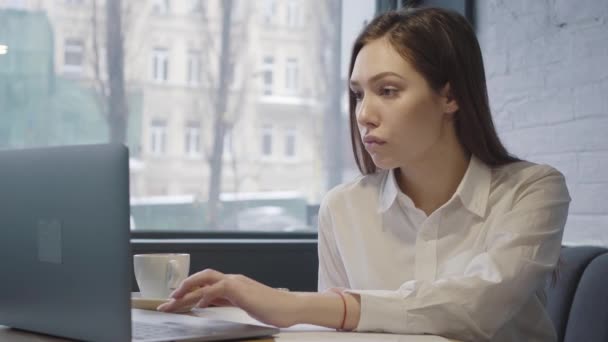 Mulher Bonita Concentrada Usando Seu Laptop Sentado Mesa Perto Janela — Vídeo de Stock