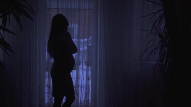 Όμορφη Έγκυος Γυναίκα Χαϊδεύει Την Κοιλιά Της Στέκεται Ένα Σκοτεινό — Αρχείο Βίντεο