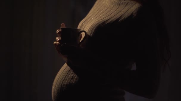 怀孕的女孩穿着一件暖和的毛衣站在一间漆黑的房间里 傍晚时分 手里拿着一杯热茶 — 图库视频影像