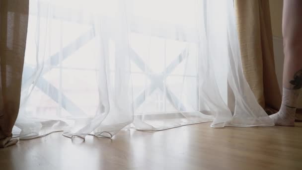 Woman Underwear Holding Nightie Her Hands Goes Large Bright Window — Stock Video