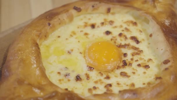 Ajarian Khachapuri Georgian Cheese Pie Egg Lying Wooden Board Close — Stock Video